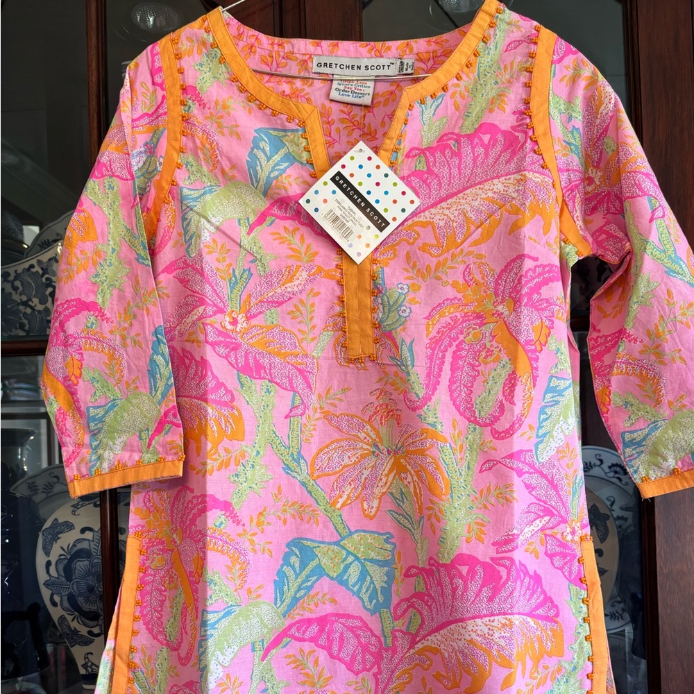 Gretchen Scott Vibrant Embellished Palm Pink and Orange Floral Tunic